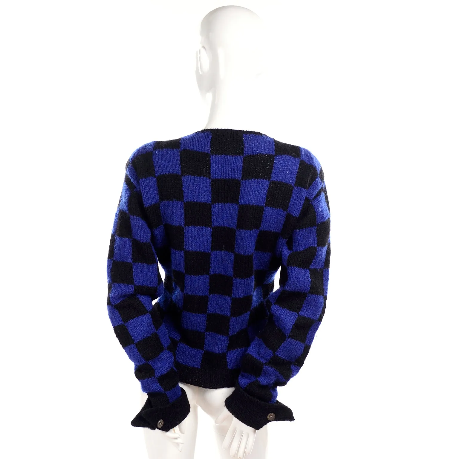 1980s Perry Ellis Blue & Black Checked Vintage Wool Sweater