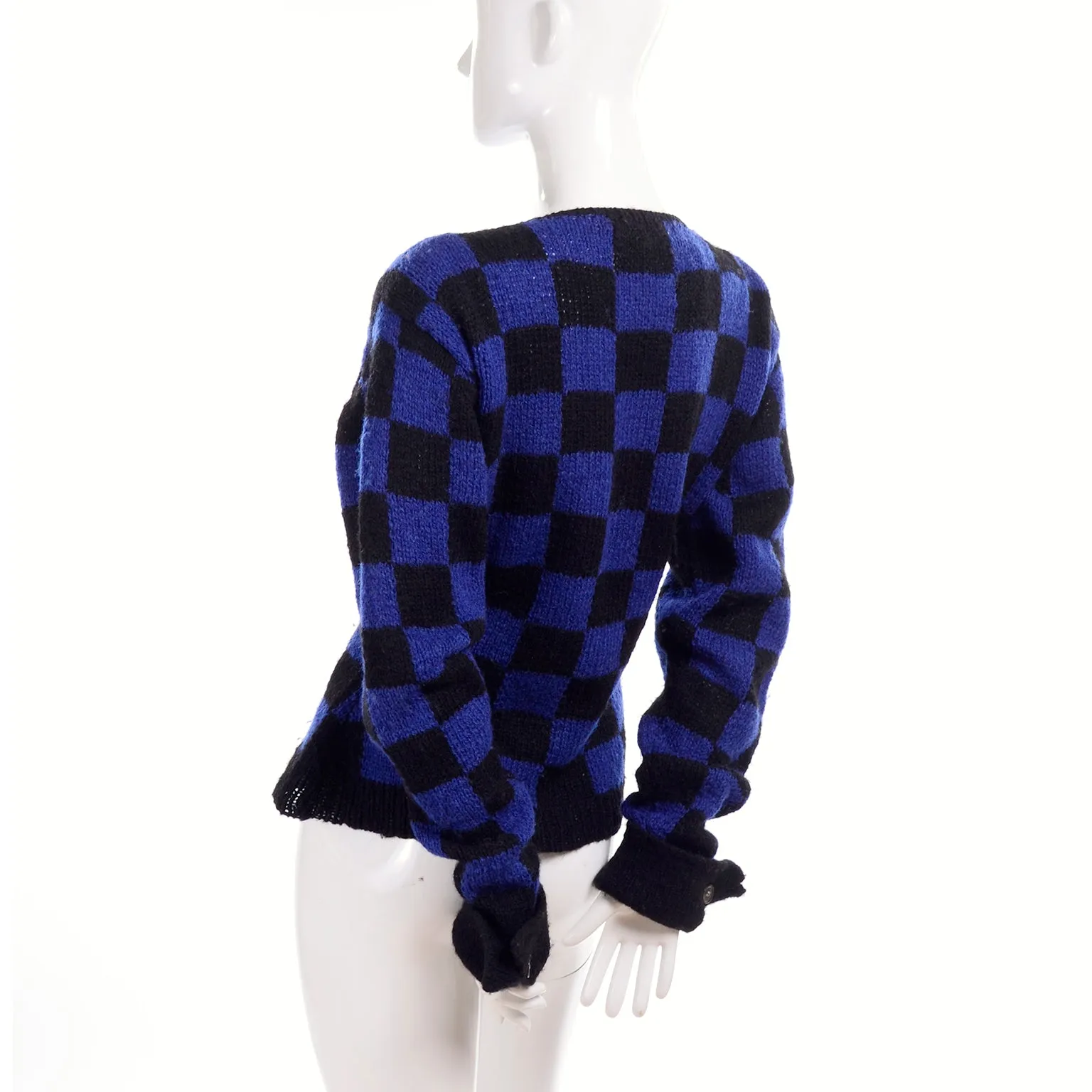 1980s Perry Ellis Blue & Black Checked Vintage Wool Sweater