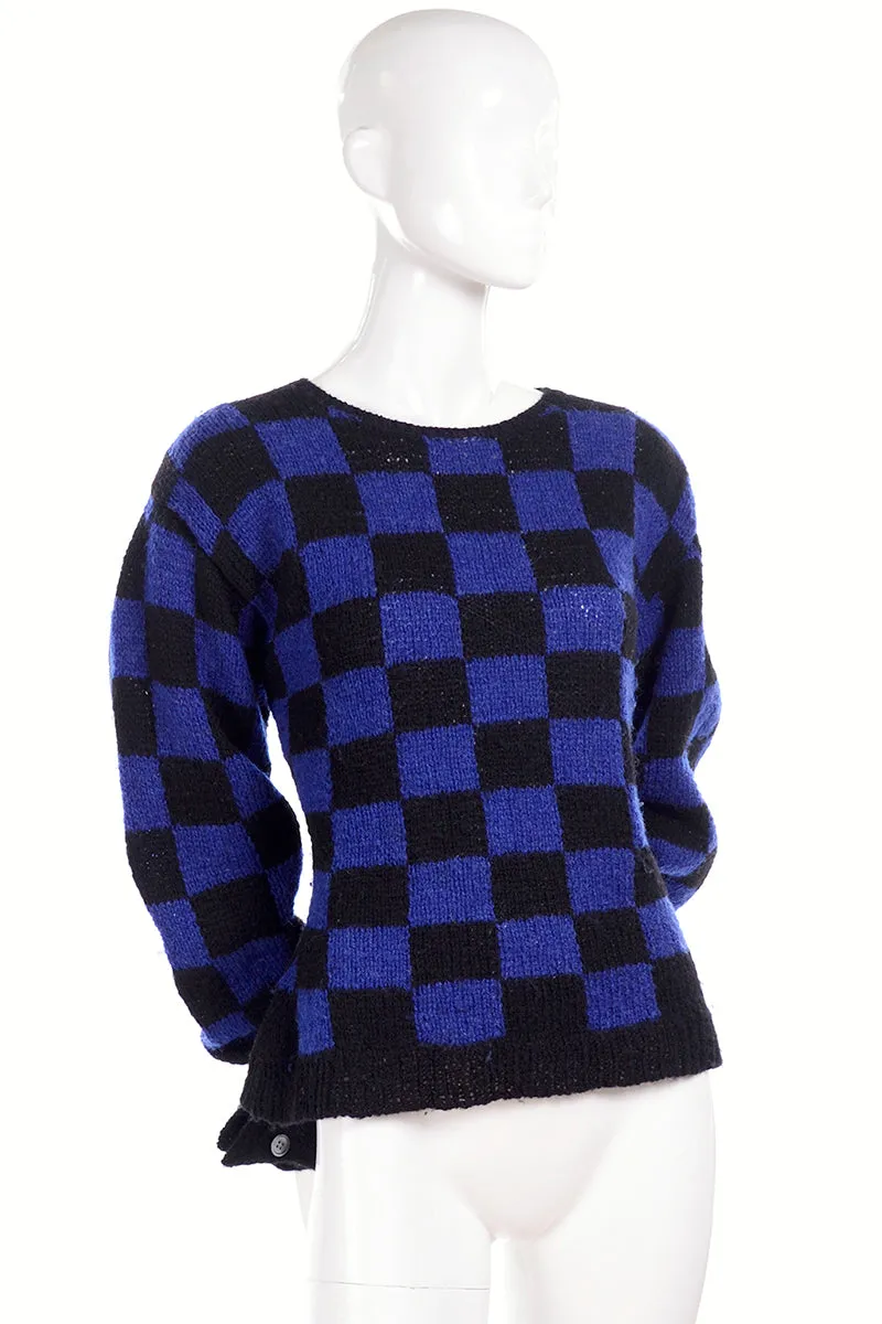 1980s Perry Ellis Blue & Black Checked Vintage Wool Sweater