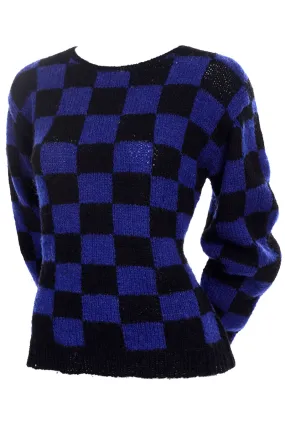 1980s Perry Ellis Blue & Black Checked Vintage Wool Sweater