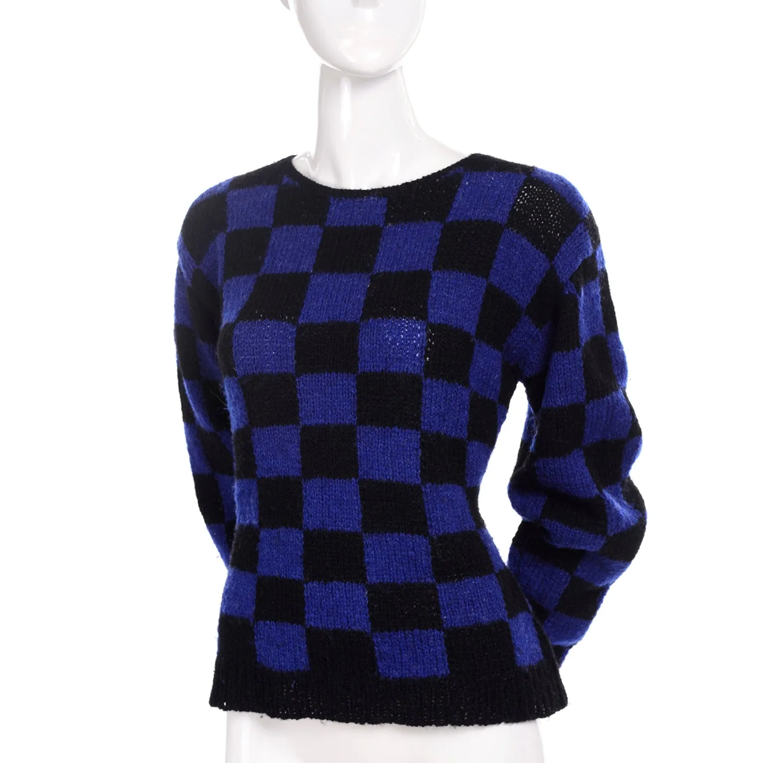 1980s Perry Ellis Blue & Black Checked Vintage Wool Sweater