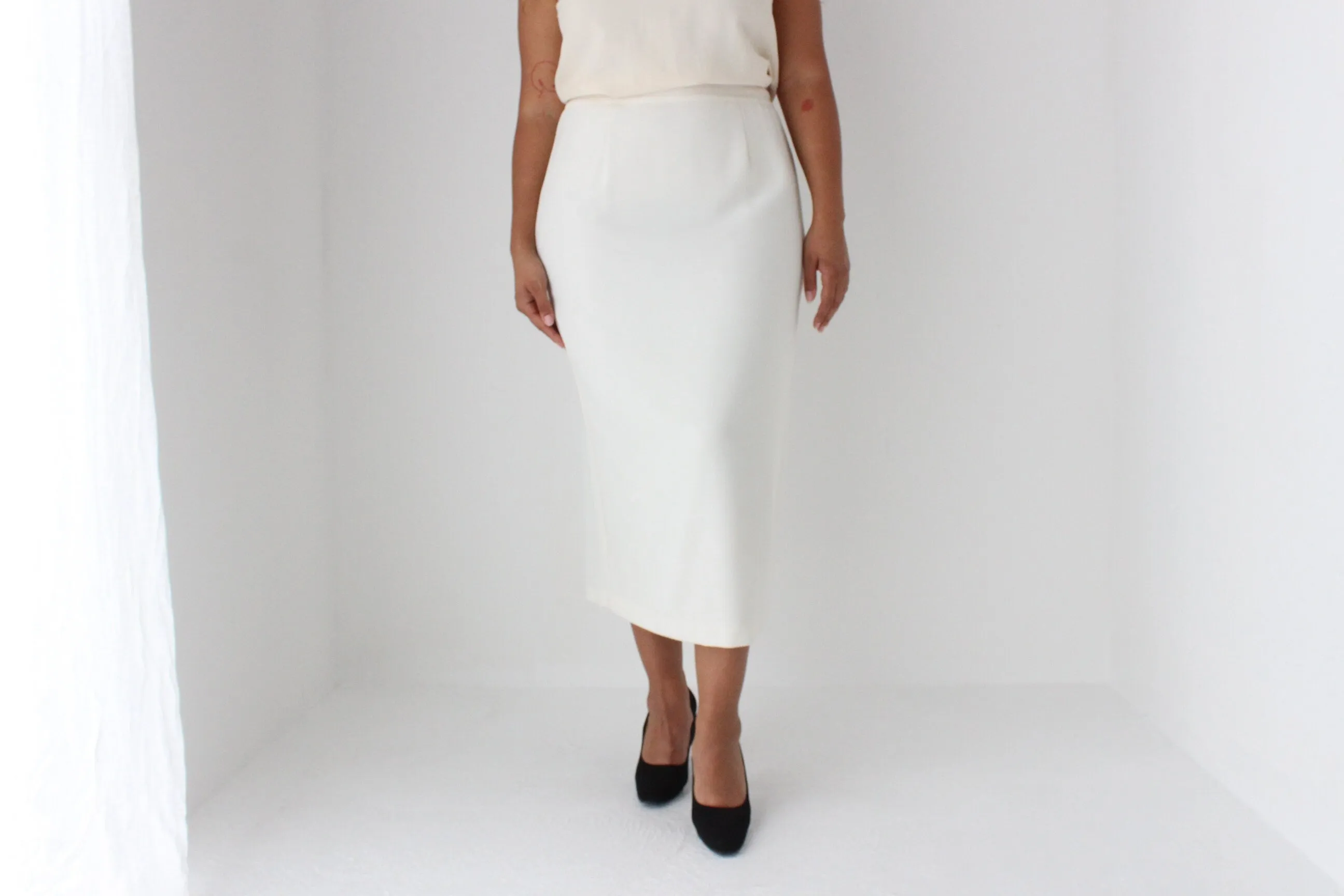 80s Ivory Crepe Minimal Column Skirt