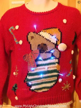 80s Red Christmas Sweater with Teddy Bear and Lights (g284)