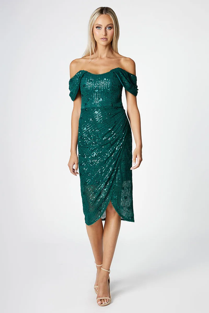 ALTHEA EMERALD DRAPED OFF-SHOULDER MIDI DRESS