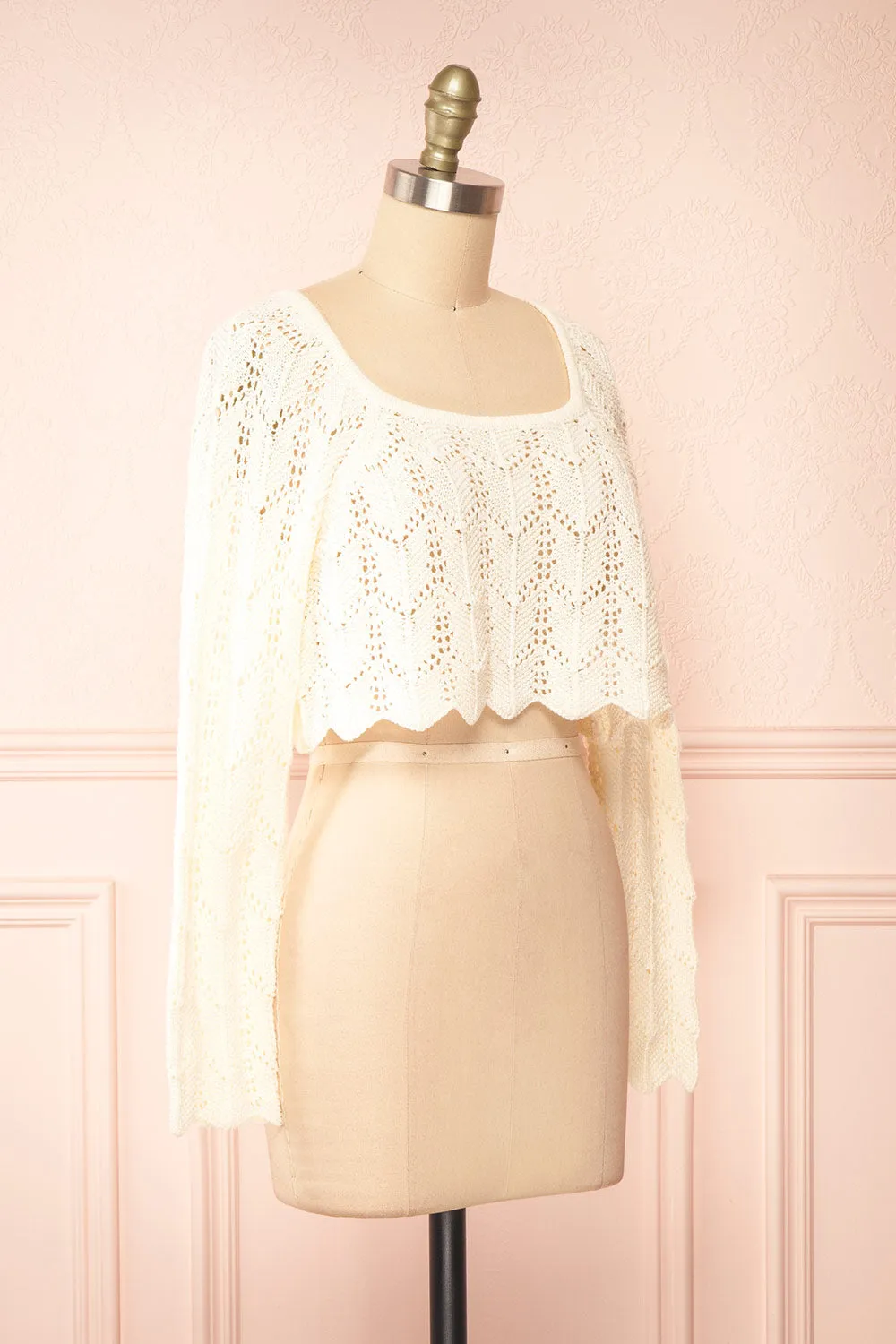 Amandine | Ivory Crochet Crop Top w/ Long Sleeves