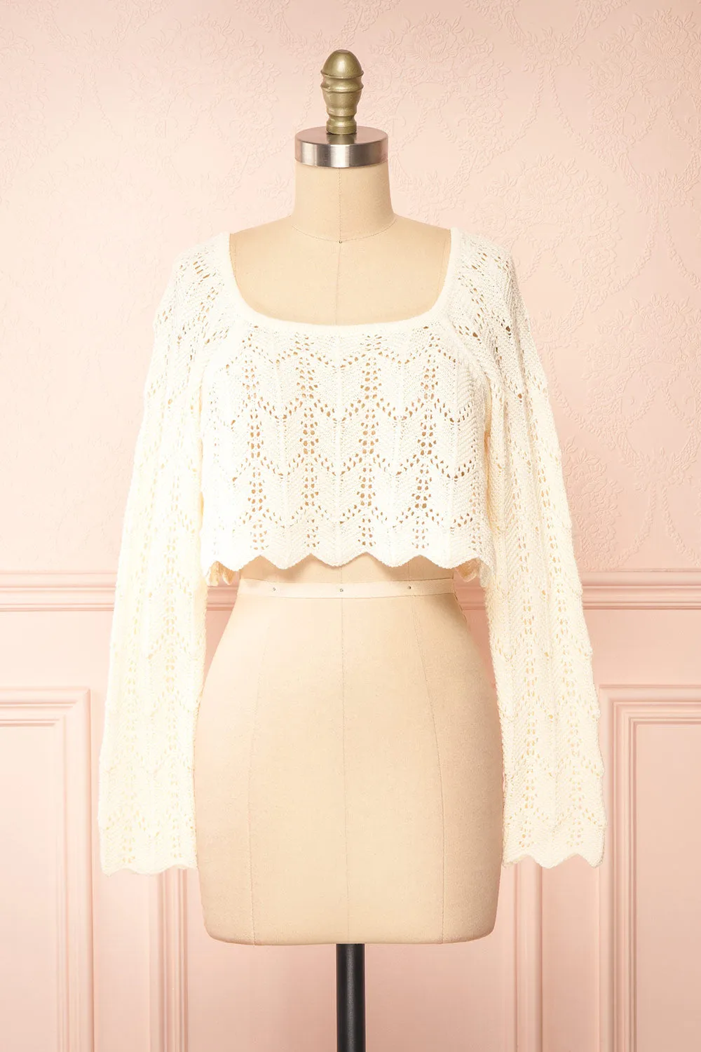 Amandine | Ivory Crochet Crop Top w/ Long Sleeves