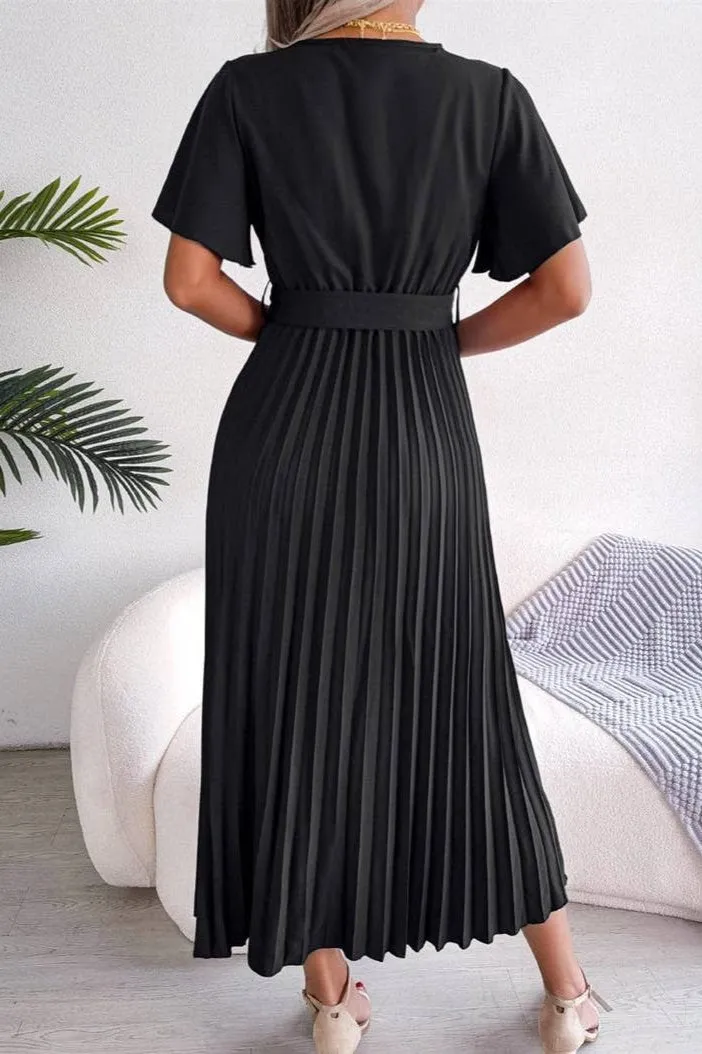 Anna Kaci Flutter Sleeve Pleated Wrap Dress