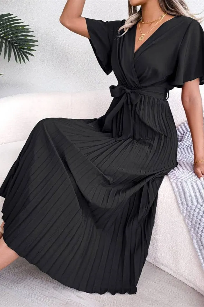 Anna Kaci Flutter Sleeve Pleated Wrap Dress