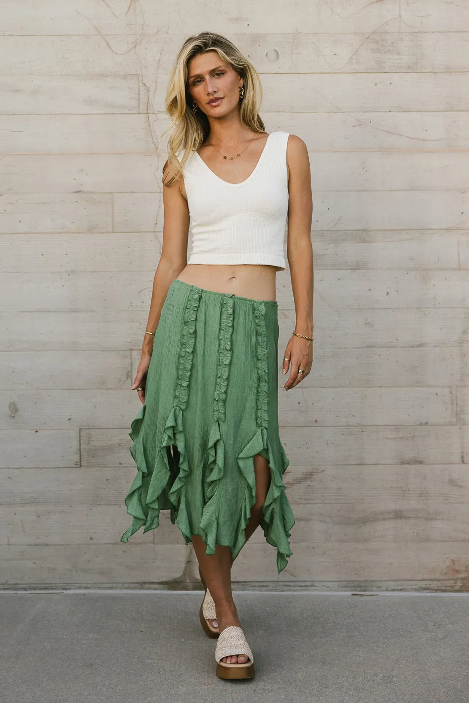 Arista Ruffled Midi Skirt in Sage - FINAL SALE