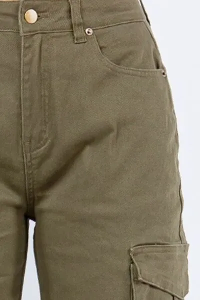 Army Green Button Waist High Rise Cargo Pants