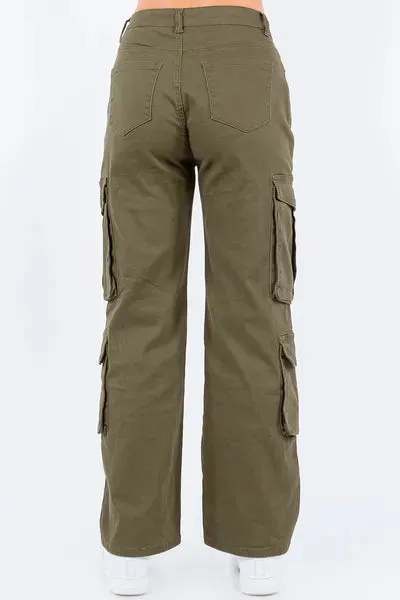 Army Green Button Waist High Rise Cargo Pants