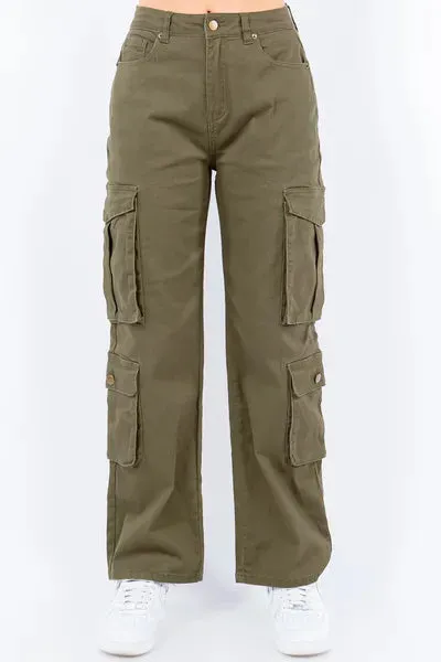 Army Green Button Waist High Rise Cargo Pants