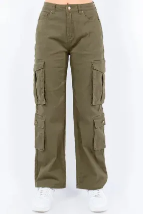 Army Green Button Waist High Rise Cargo Pants