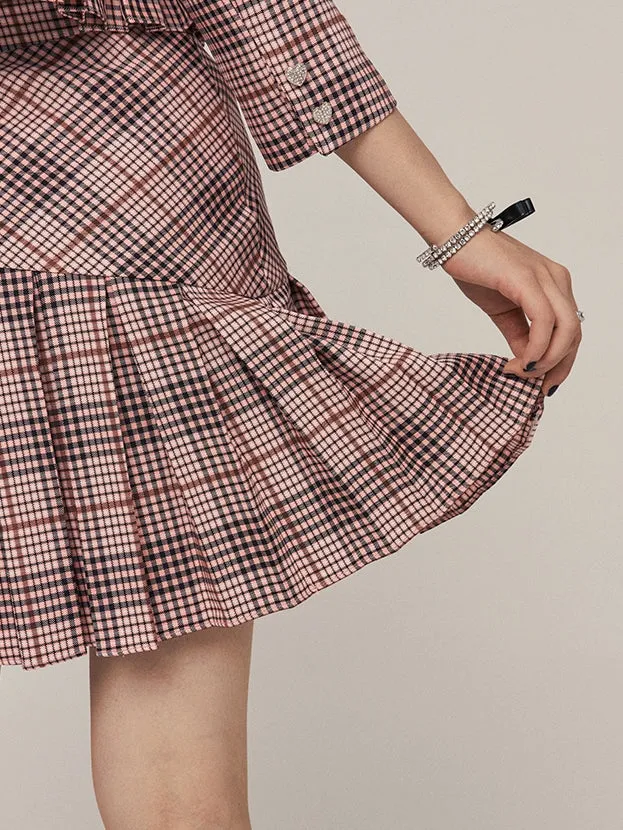 Asymmetric Plaid Pleated Skirt