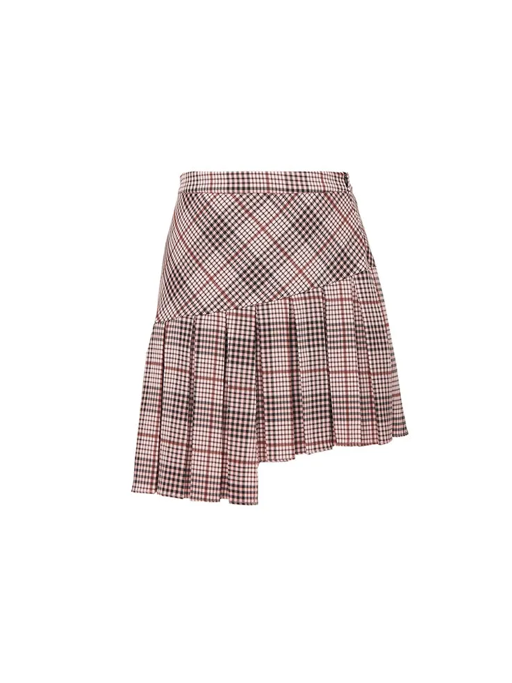 Asymmetric Plaid Pleated Skirt