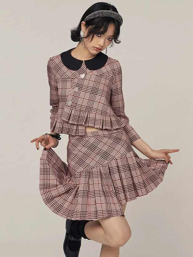 Asymmetric Plaid Pleated Skirt