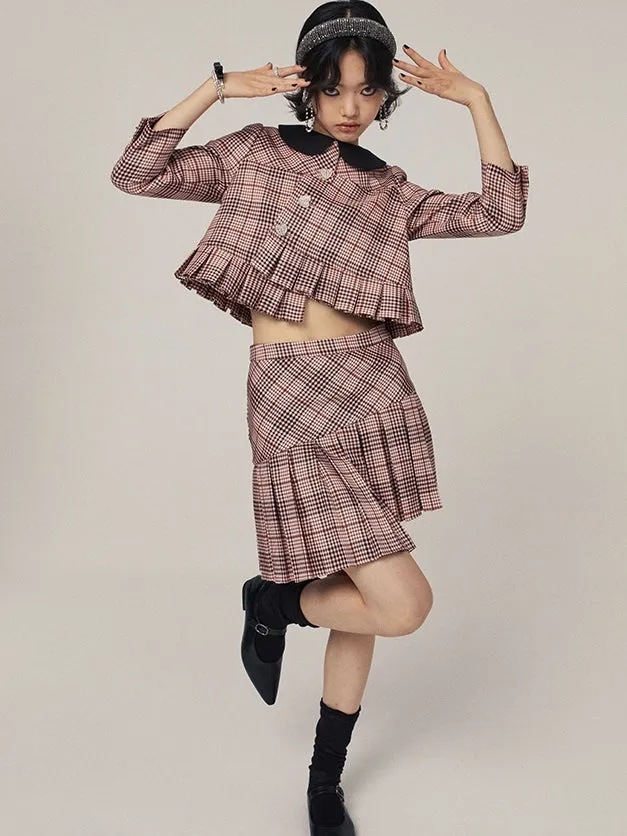 Asymmetric Plaid Pleated Skirt