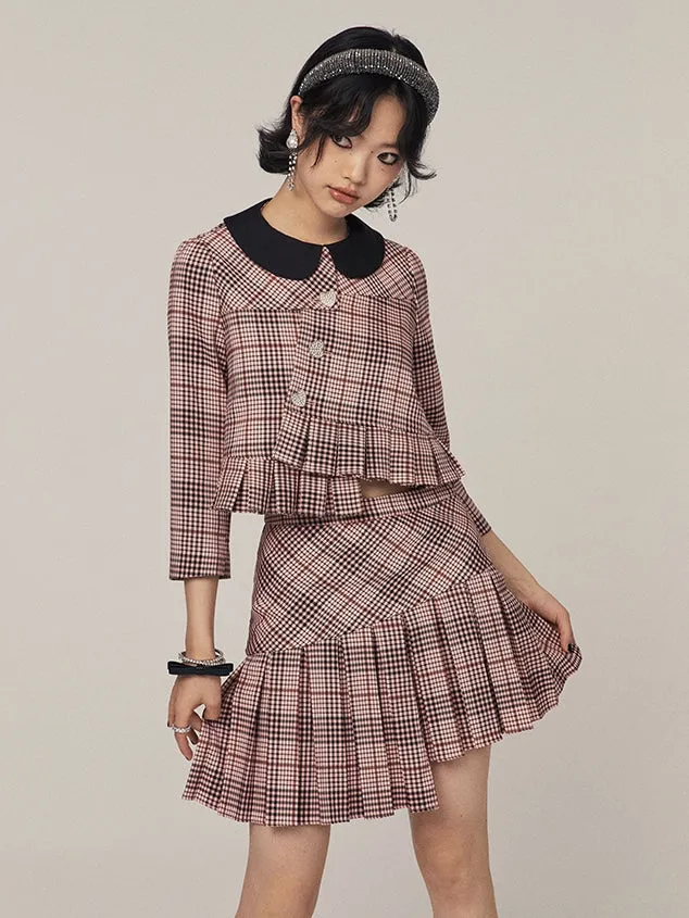 Asymmetric Plaid Pleated Skirt