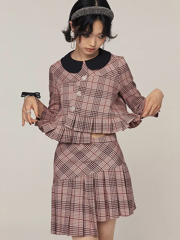 Asymmetric Plaid Pleated Skirt