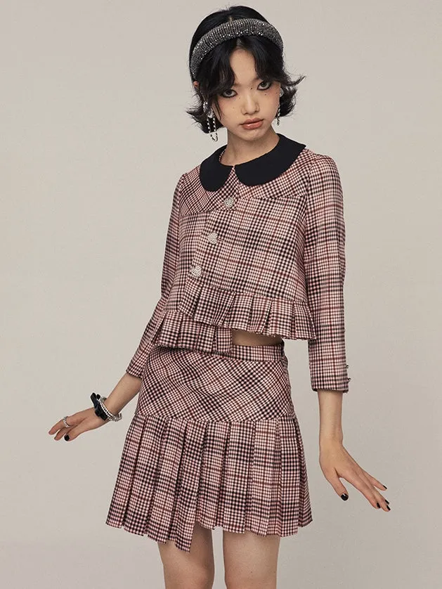 Asymmetric Plaid Pleated Skirt