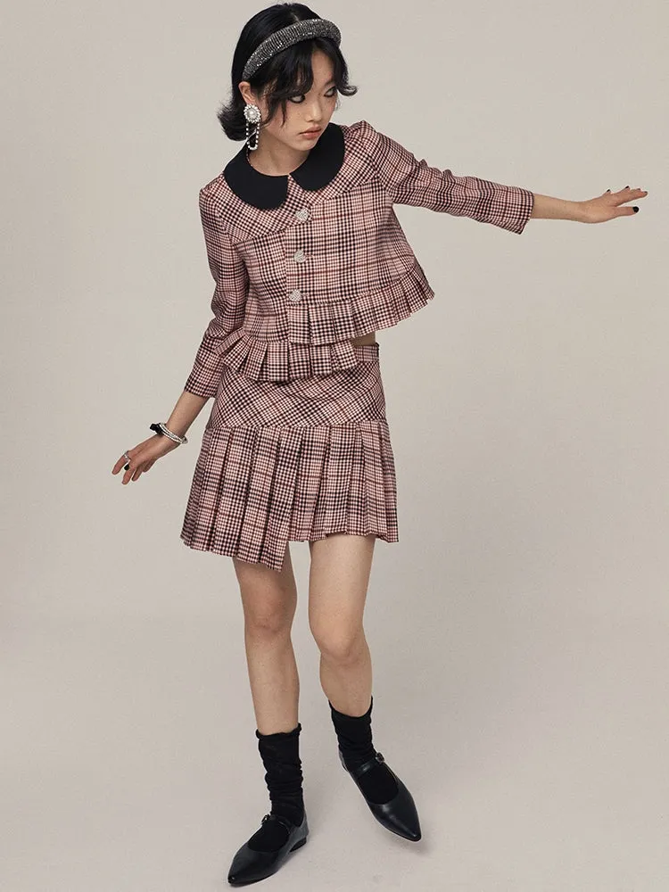 Asymmetric Plaid Pleated Skirt