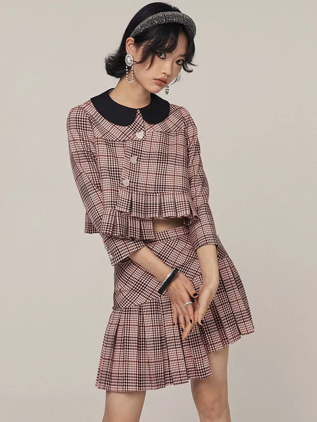 Asymmetric Plaid Pleated Skirt