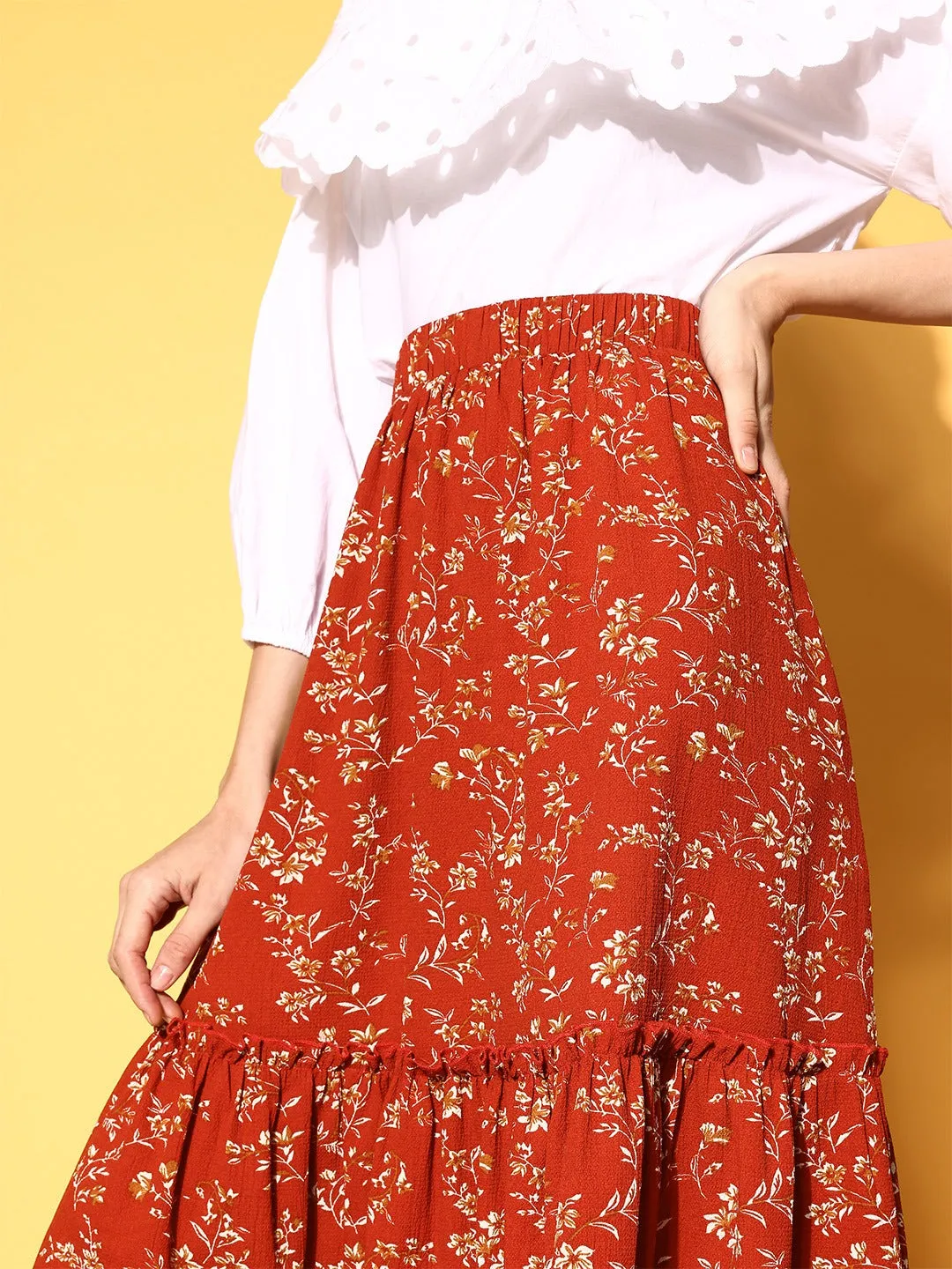 Berrylush Women Red & Off-White Micro Ditsy Floral Printed Crepe Tiered A-Line Midi Skirt