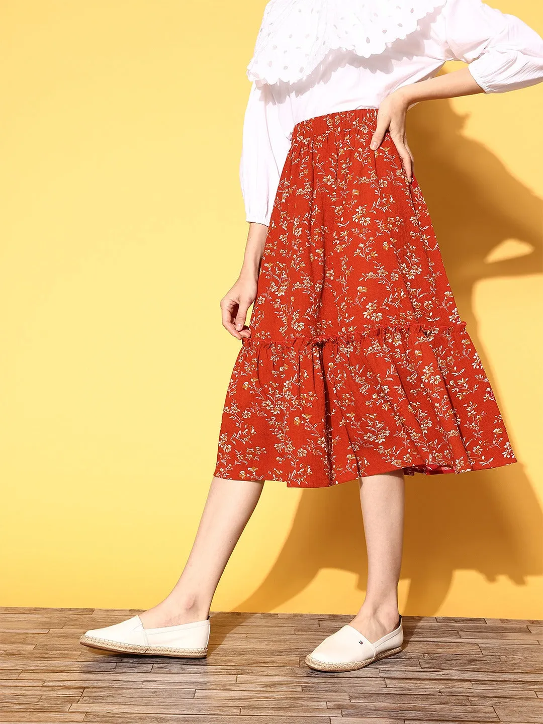 Berrylush Women Red & Off-White Micro Ditsy Floral Printed Crepe Tiered A-Line Midi Skirt