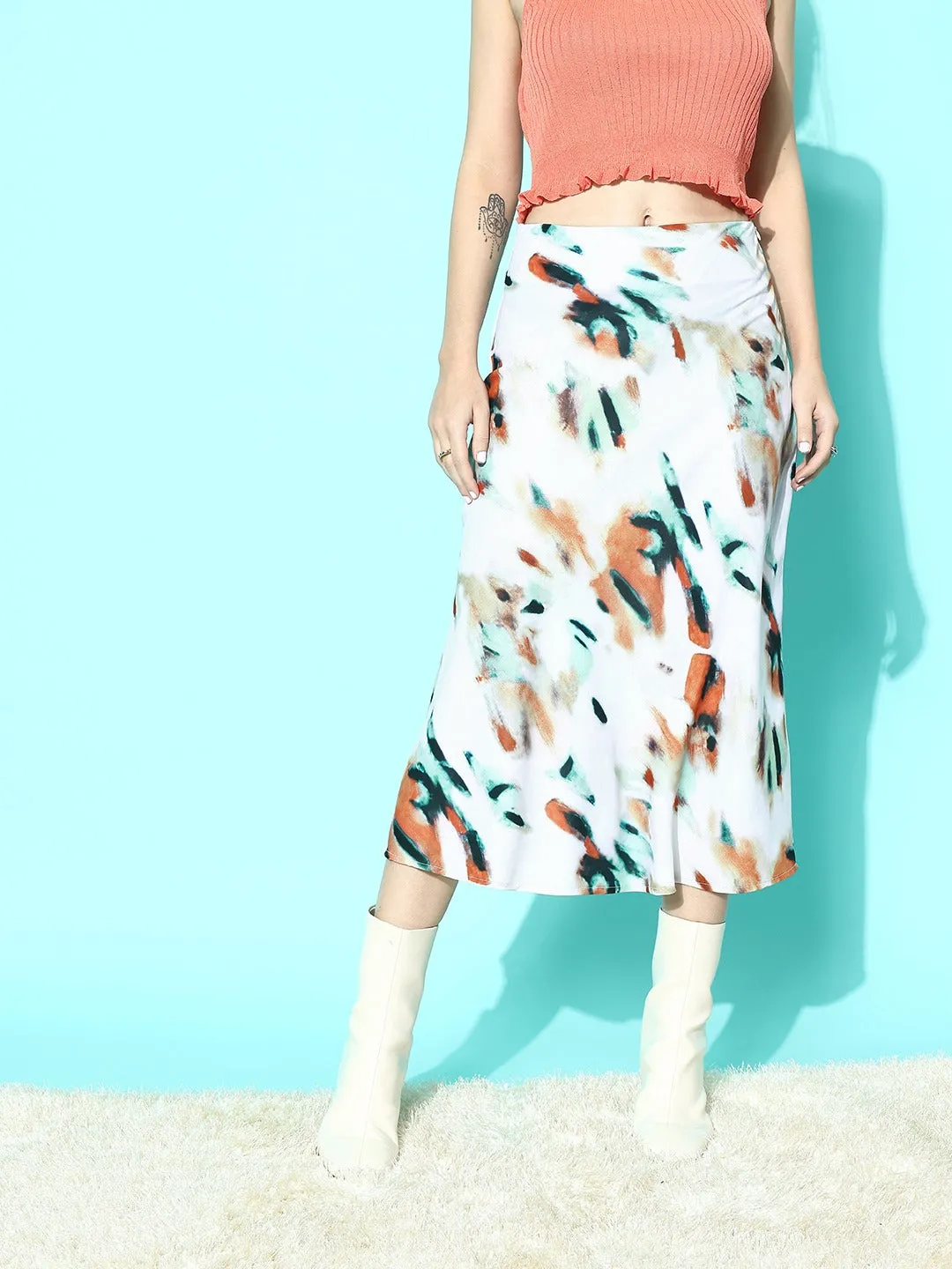 Berrylush Women White & Multicolour Abstract Printed High-Rise Waist Flared A-Line Midi Skirt