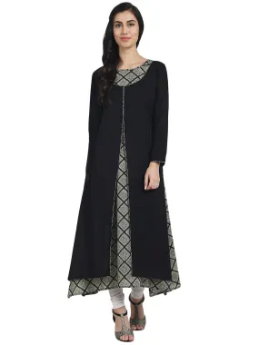 Black & Grey Printed 3/4Th Sleeve Cotton A-Line Double Layer Kurta