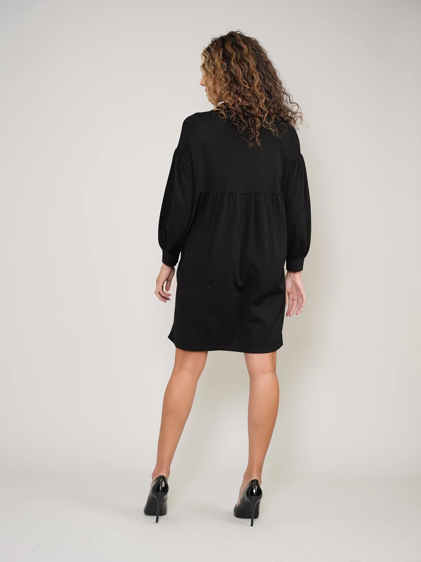 Black Buttoned Knit Dress with Collar