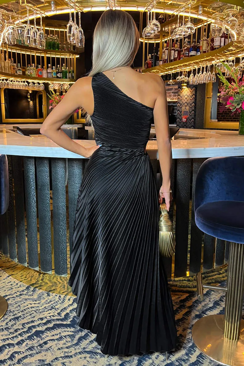 Black One Shoulder Pleated Satin Midi Dress