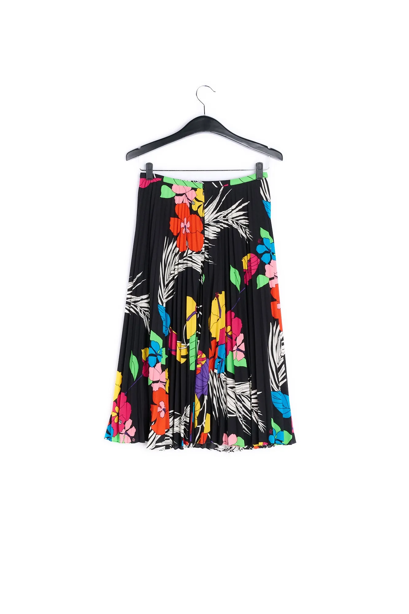 Black tropic print pleated skirt