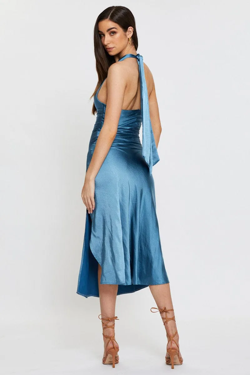 Blue Slip Dress Midi Satin