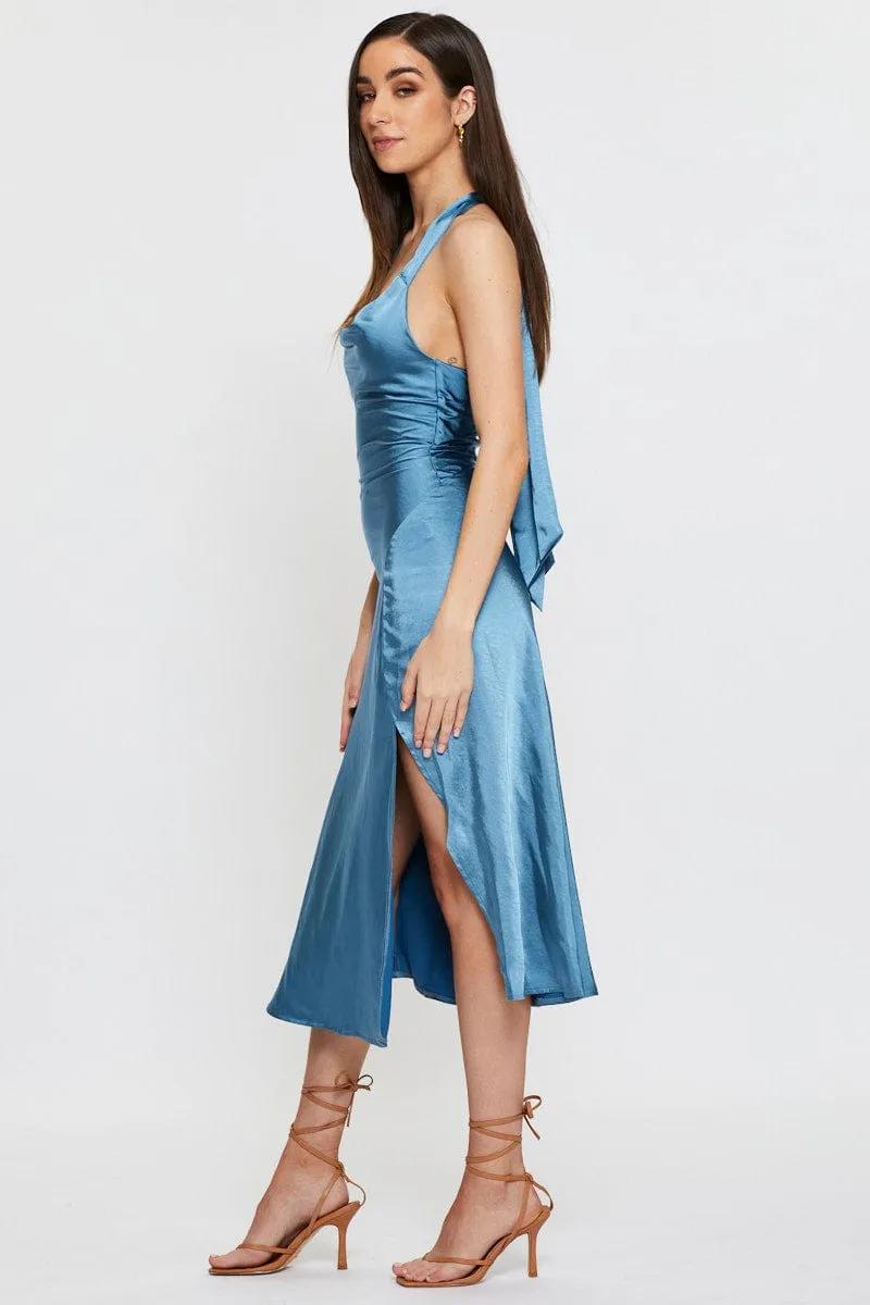 Blue Slip Dress Midi Satin