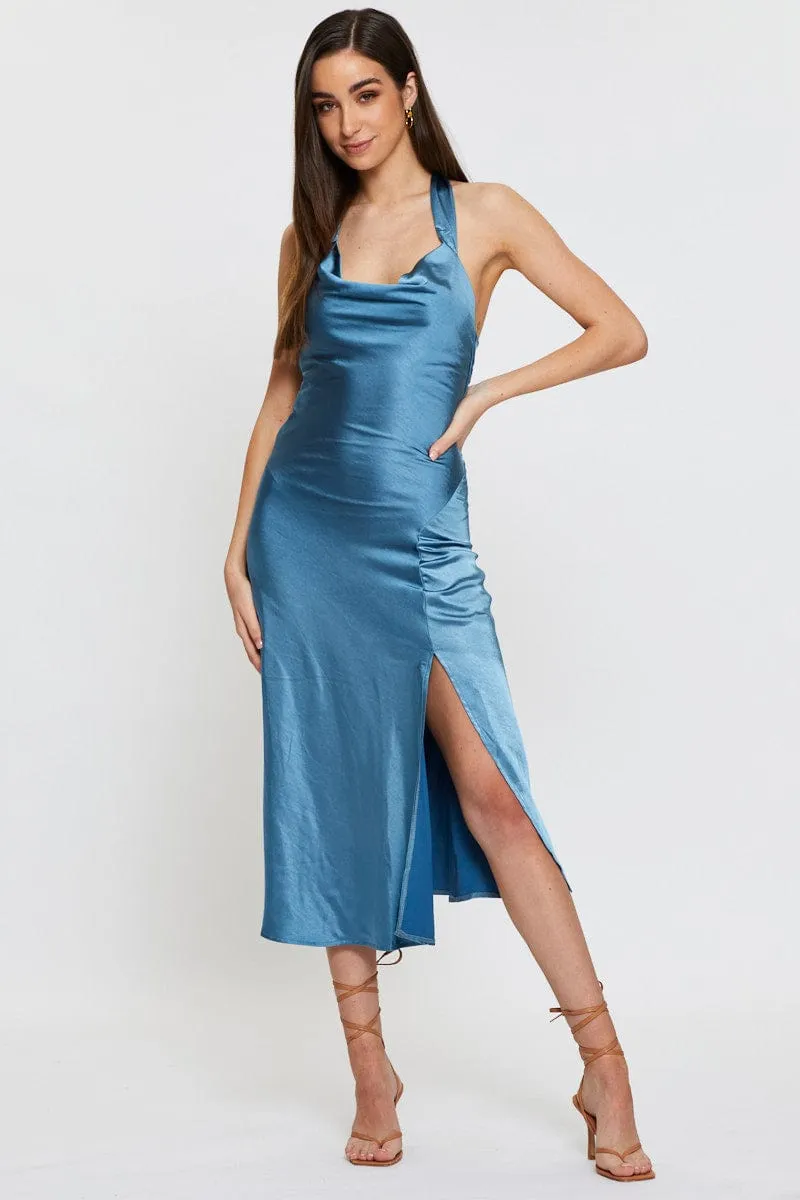 Blue Slip Dress Midi Satin