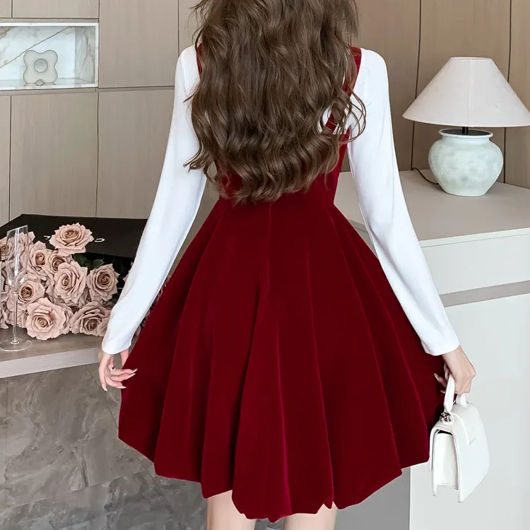 Bow Knot Velvet Christmas A-Line Suspender Dress