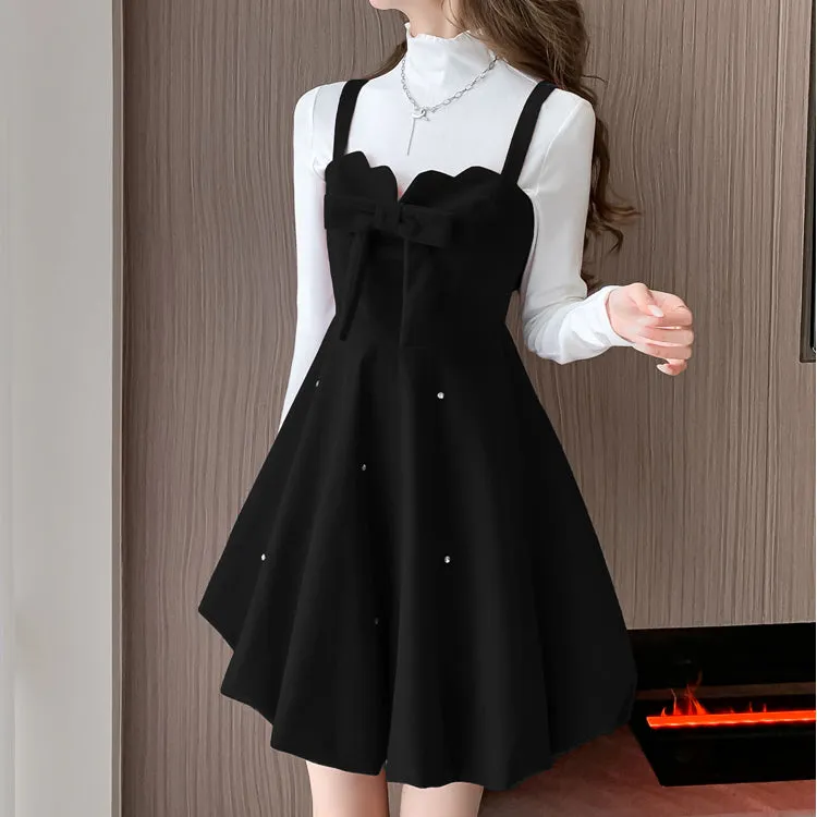 Bow Knot Velvet Christmas A-Line Suspender Dress