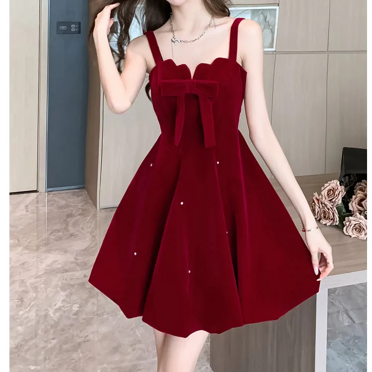 Bow Knot Velvet Christmas A-Line Suspender Dress