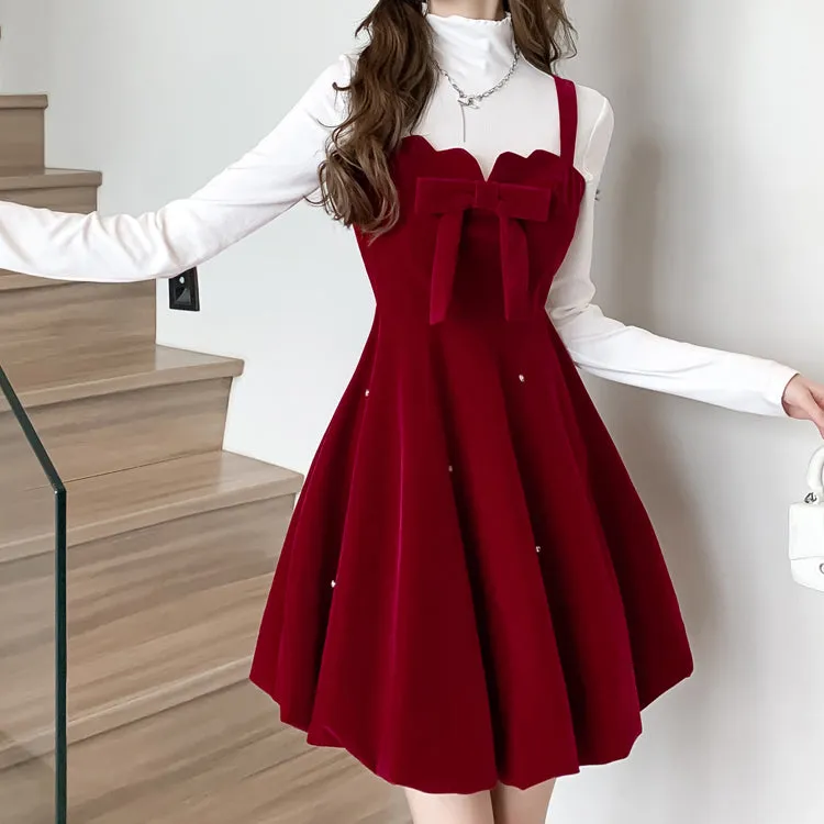 Bow Knot Velvet Christmas A-Line Suspender Dress