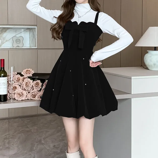 Bow Knot Velvet Christmas A-Line Suspender Dress