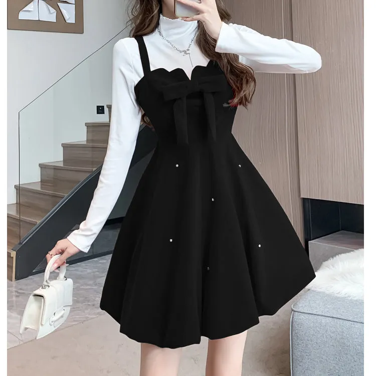 Bow Knot Velvet Christmas A-Line Suspender Dress