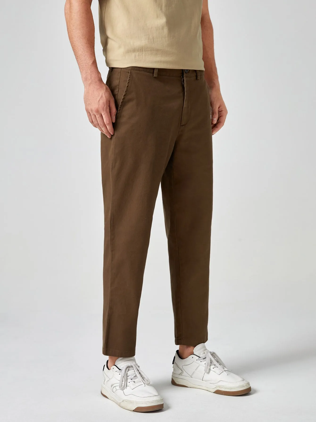 Brown Zipper Fly Slant Pocket Solid Trousers