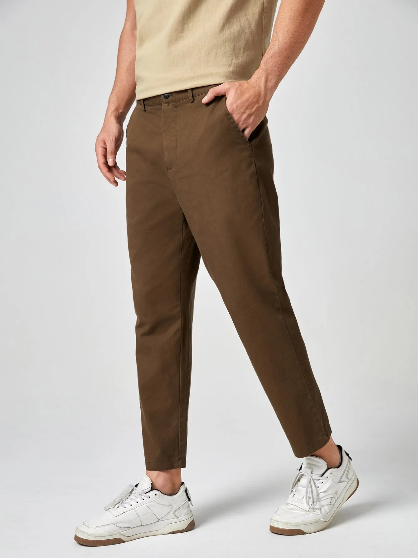 Brown Zipper Fly Slant Pocket Solid Trousers