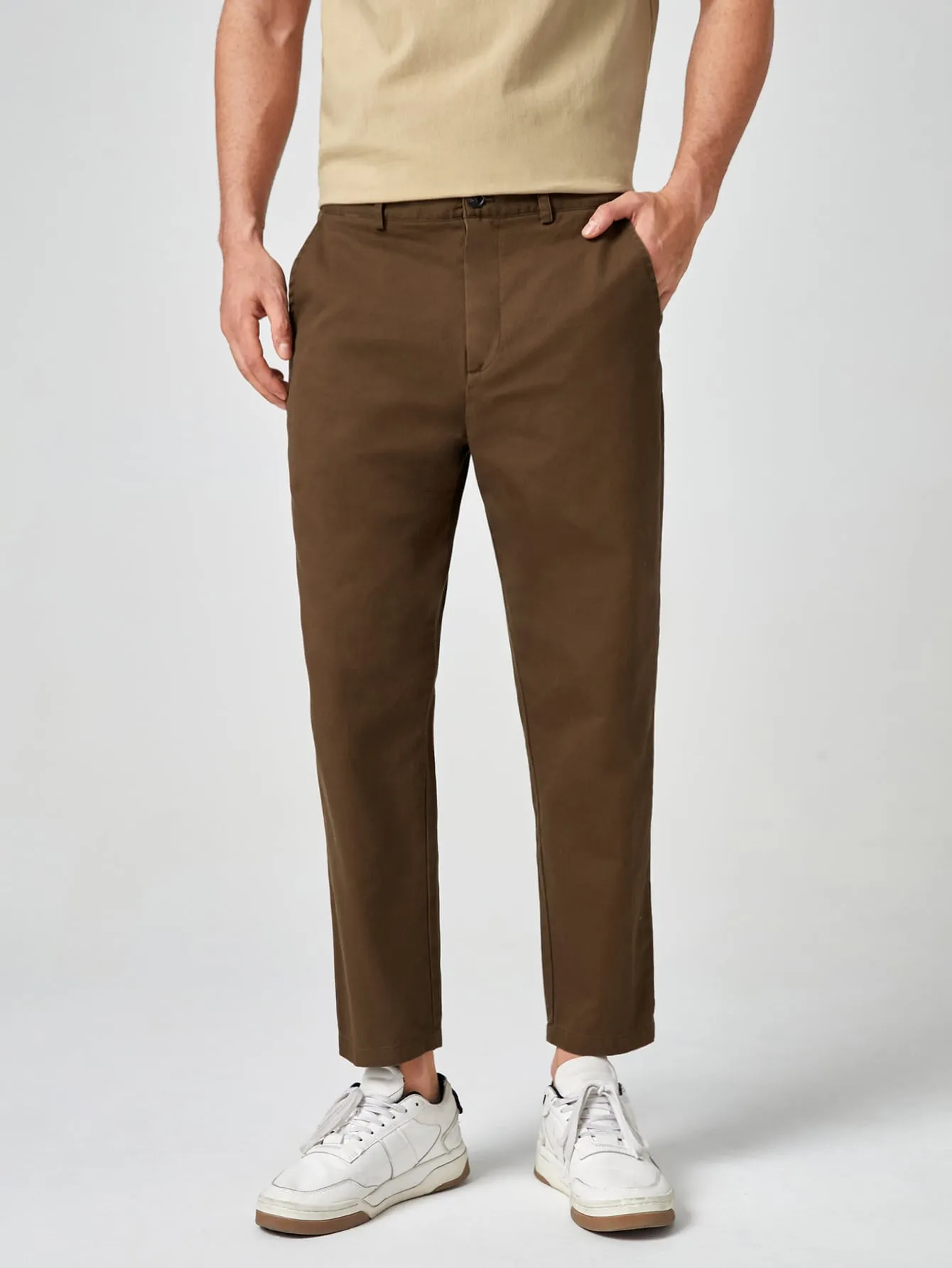 Brown Zipper Fly Slant Pocket Solid Trousers