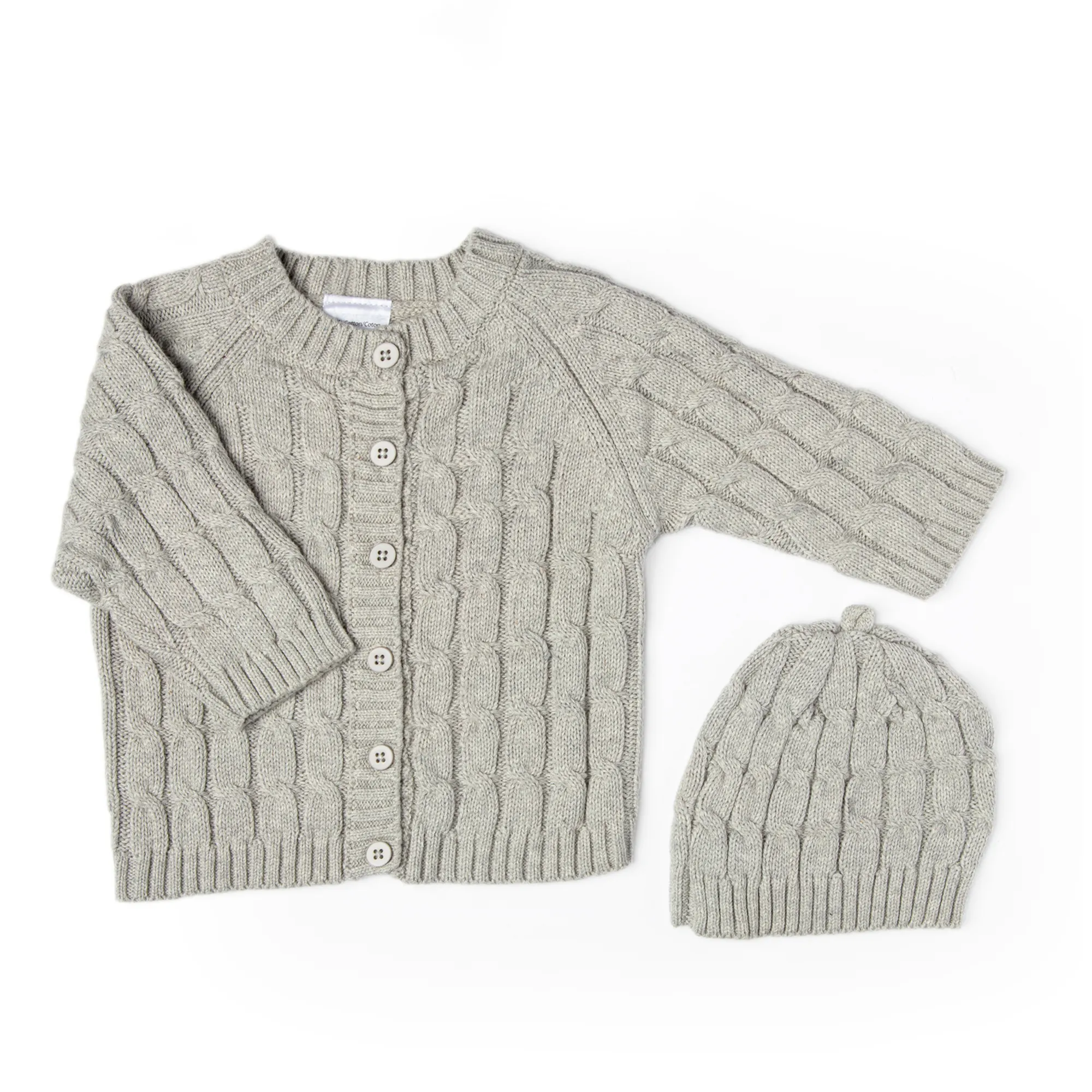 Cable Knit Cardigan and Hat Gift Set - Grey