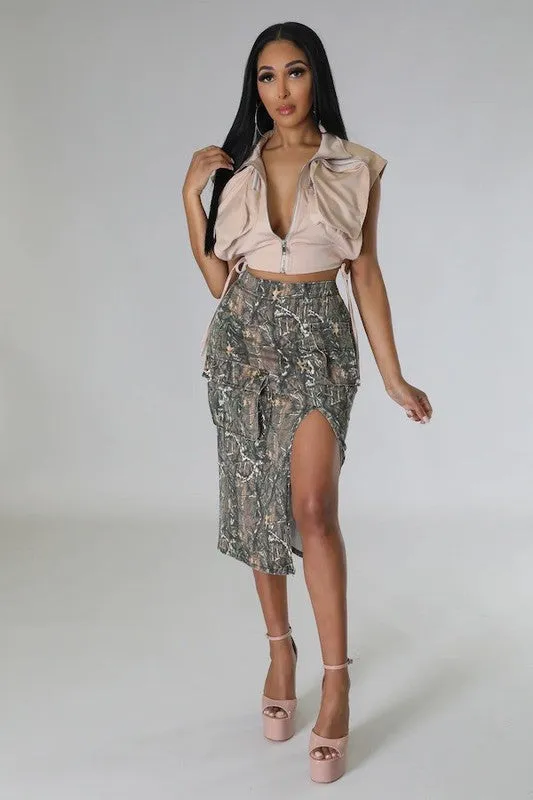 Cargo Midi Skirt in Woodland Camo