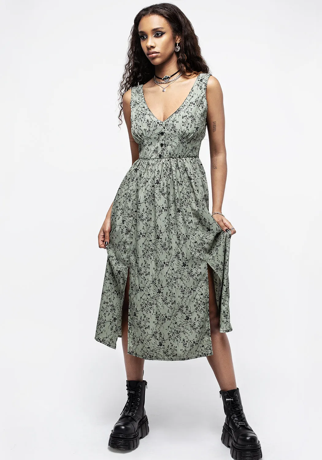 Cassie Green Floral Corset Button Midi Split Dress