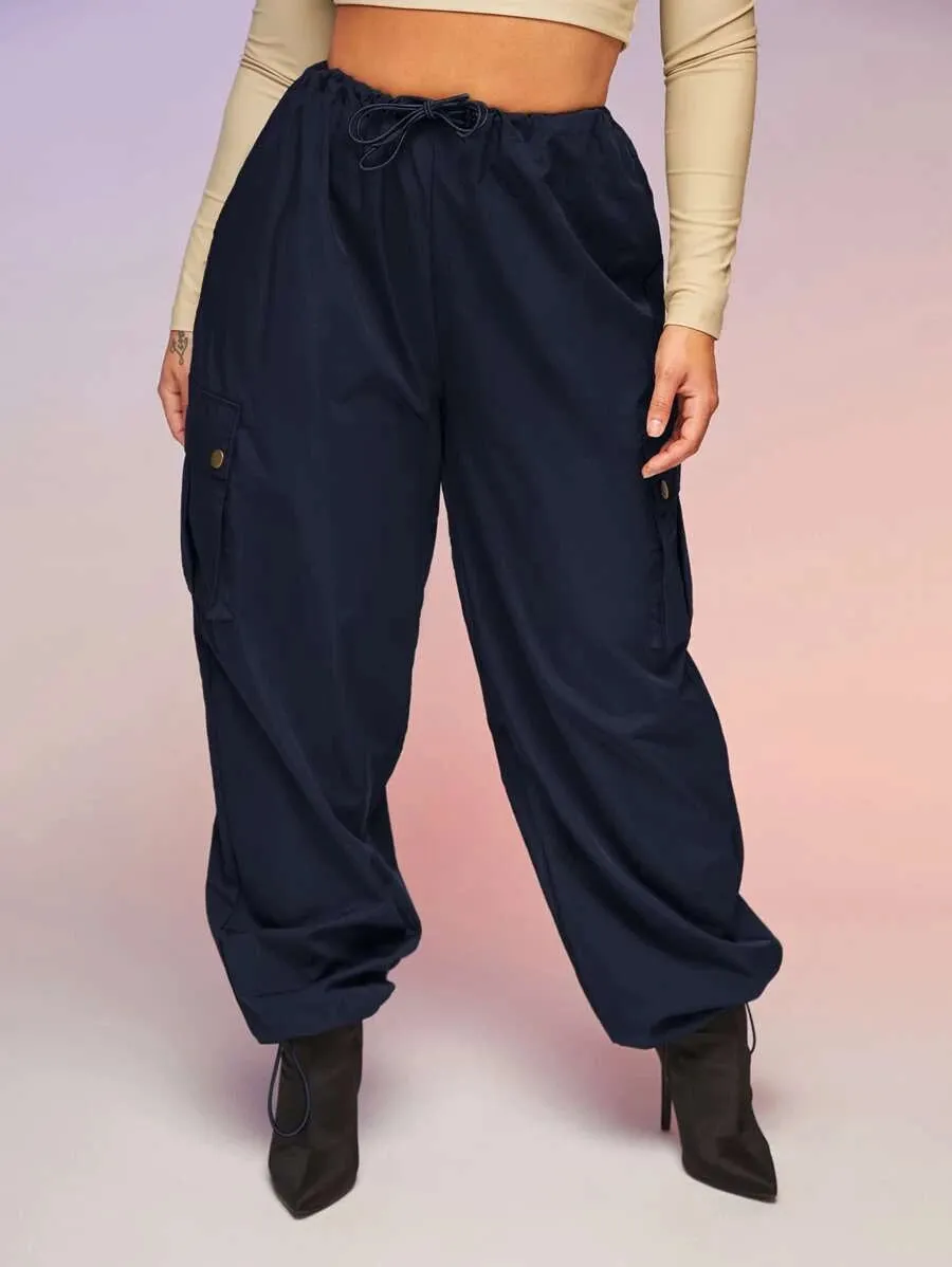 Casual Flap Pocket Drawstring Waist Parachute Cargo Pants