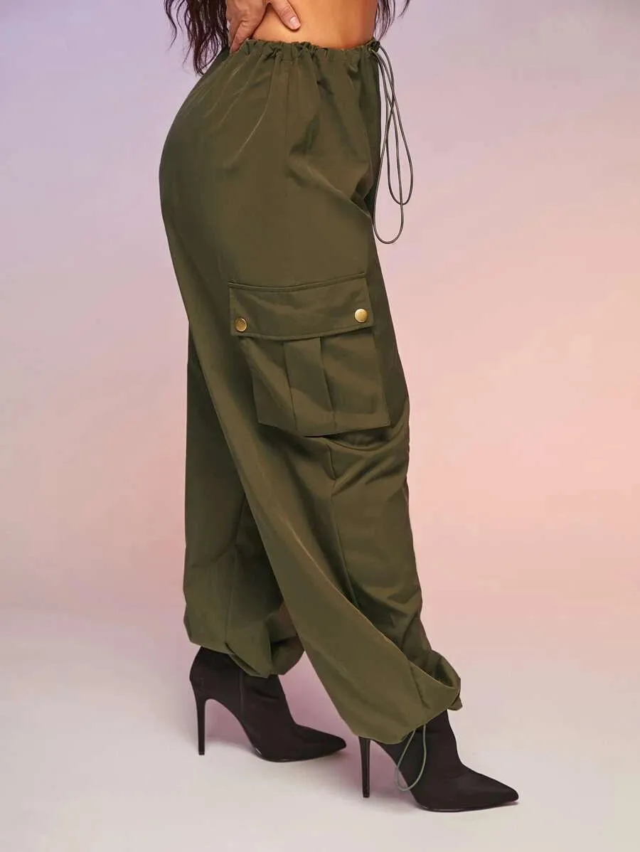 Casual Flap Pocket Drawstring Waist Parachute Cargo Pants